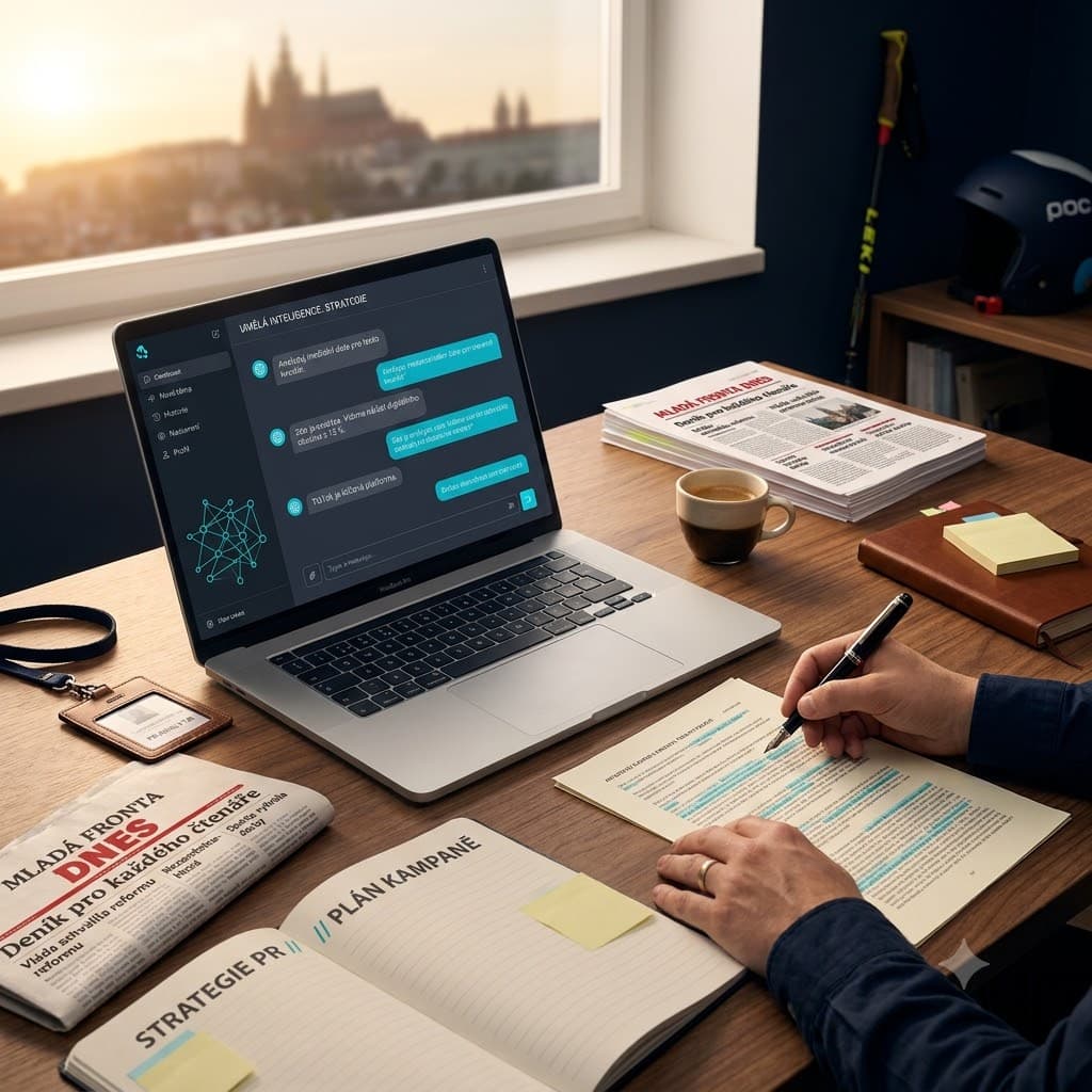 PR driven by AI — pracovní stůl s AI chatem, českým denníkem a plánem kampaně